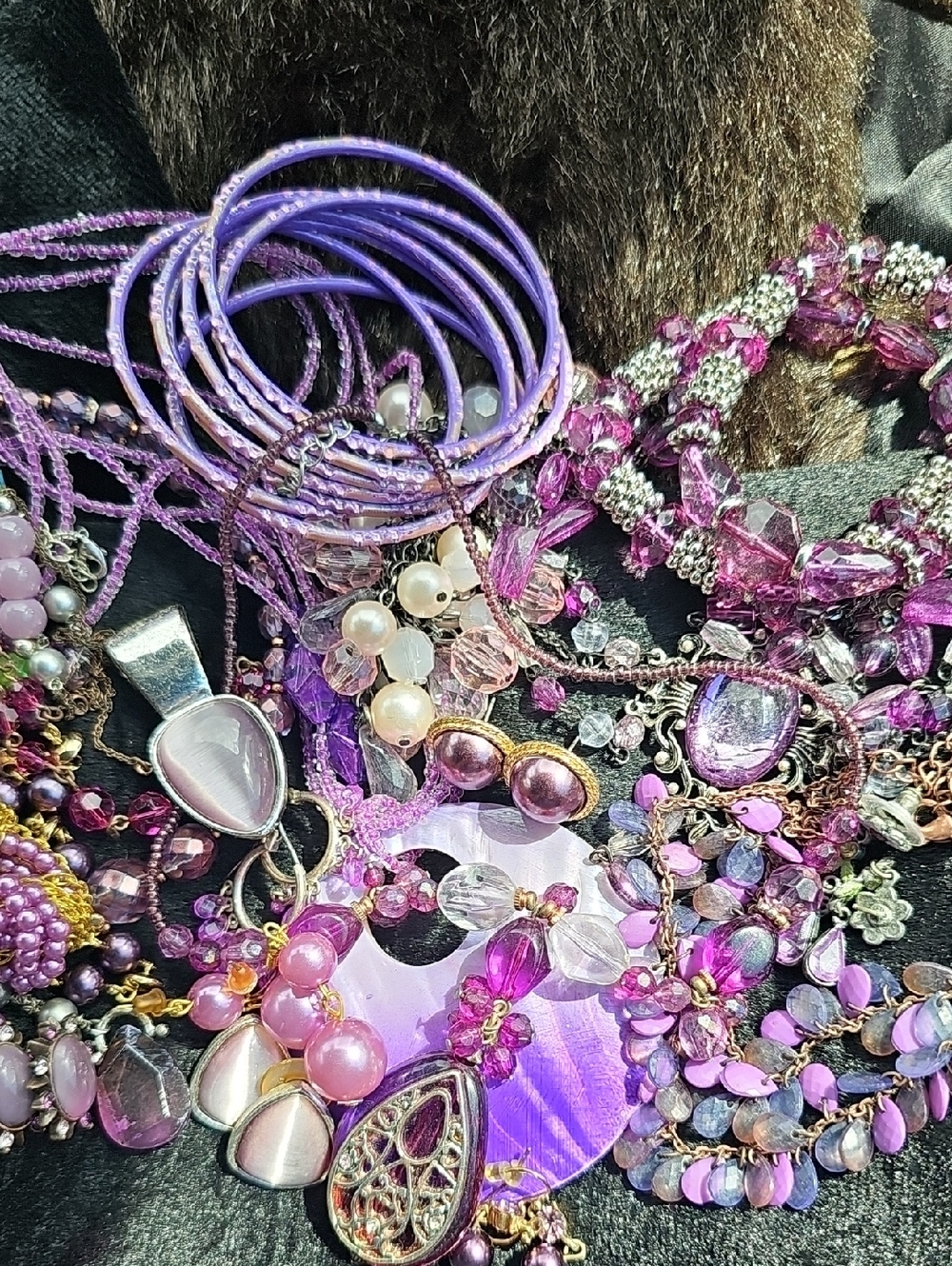 Purple Mixed-Bead Fashion/Costume Necklace,Bracelet,Earring LOT